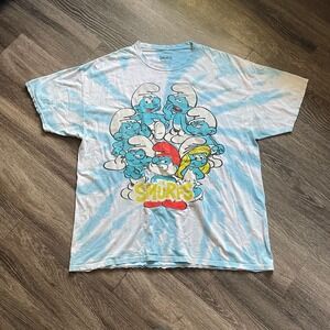 The Smurfs Shirt Adult XL Blue Tie-Dye Characters Tee‎ Cotton Casual Graphic